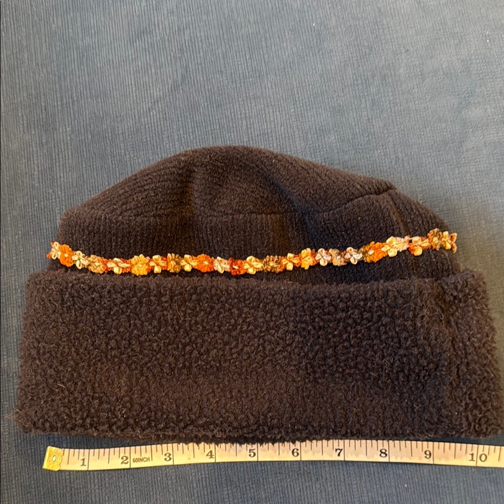 Elegant navy short Beanie with Orange, brown and white floral Trim